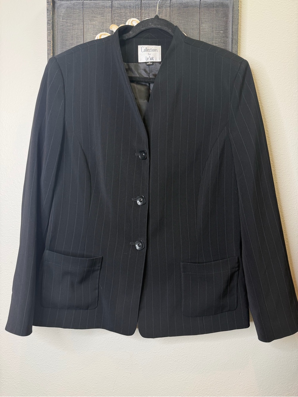 Vintage Collections for Le Suit Black Pinstripe Collarless Suit Jacket